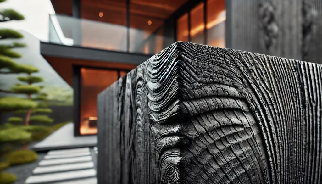 Contemporary living room with Shou Sugi Ban cladding and minimalist design.
